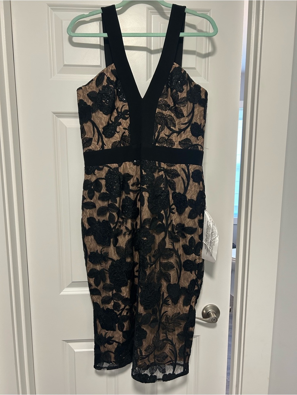 Dress the Population Black Floral Lace Midi Dress with Nude Underlay